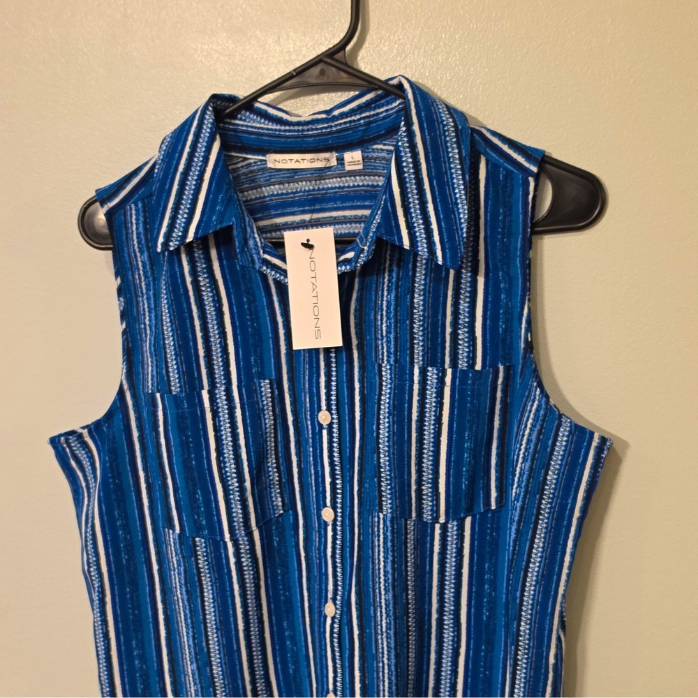 Notations Blue Striped Collared Button-Up Sleeveless Woven Top Size L #194